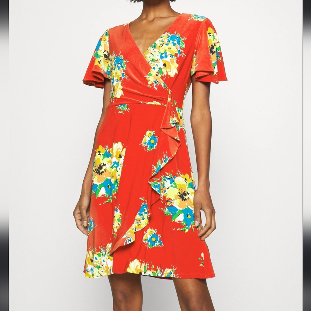 Lauren Ralph Lauren Black Label Hibiscus Floral Gladys Faux-Wrap Dress size 8